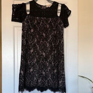 LOFT Black Lace Cold-Shoulder Dress with Nude Lining